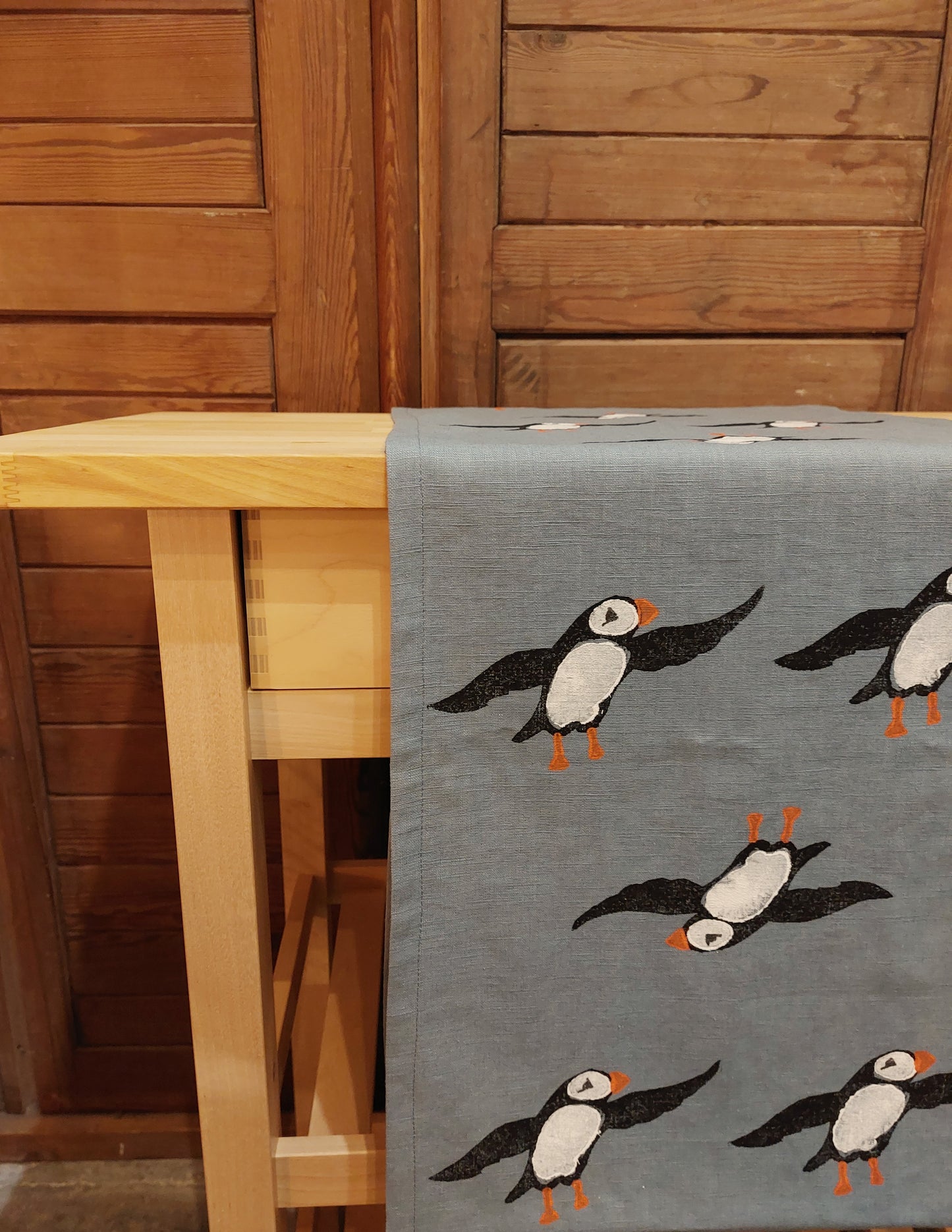 table runner puffin on mid blue