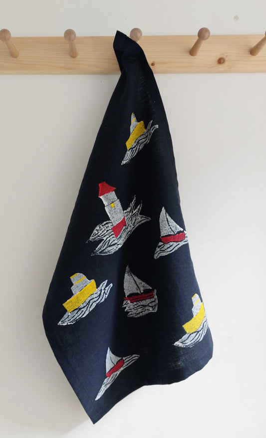 light house tea towel navy