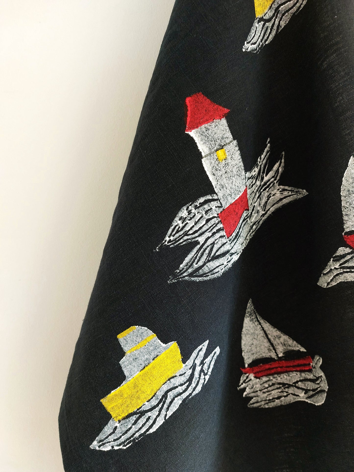 light house tea towel navy