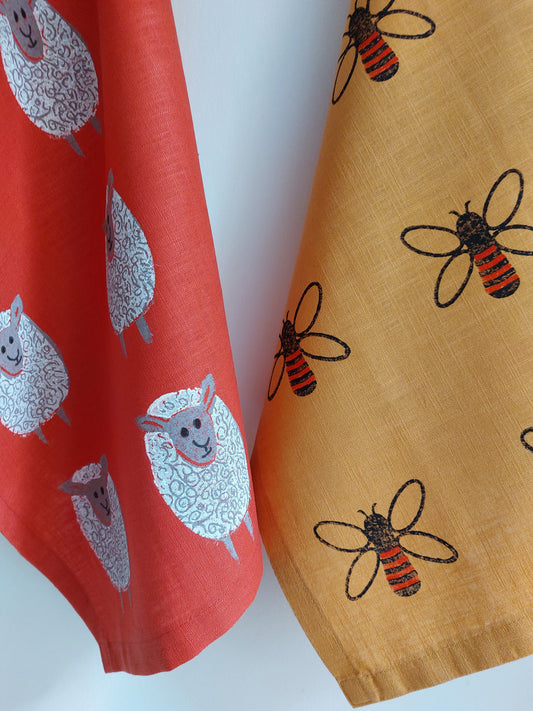bee tea towel mustard
