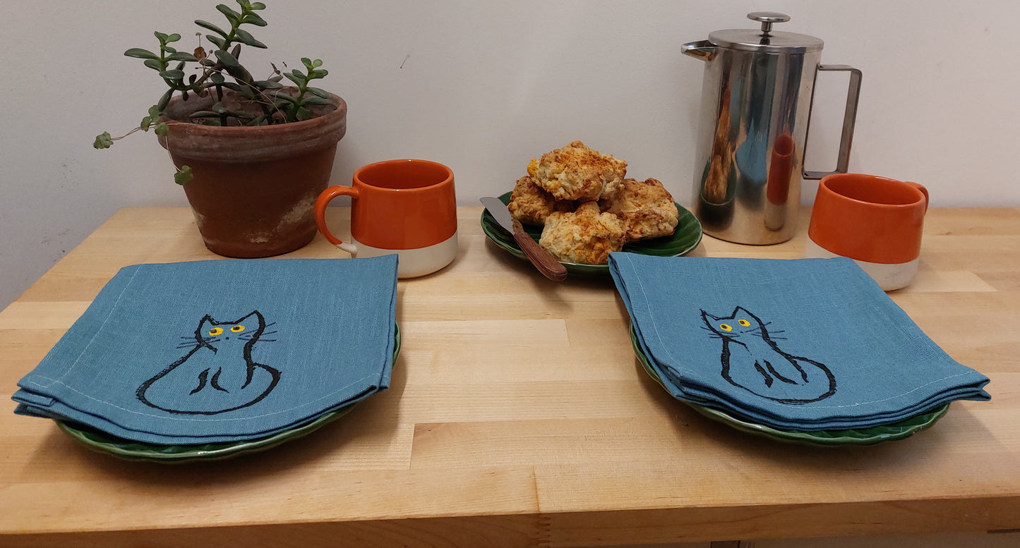 black cat linen napkin blue