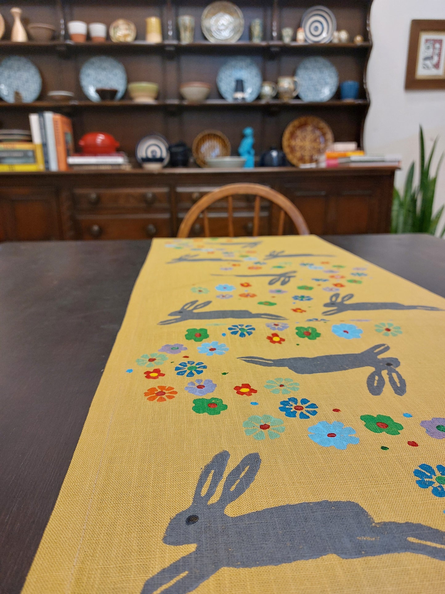 spring hare table runner mustard