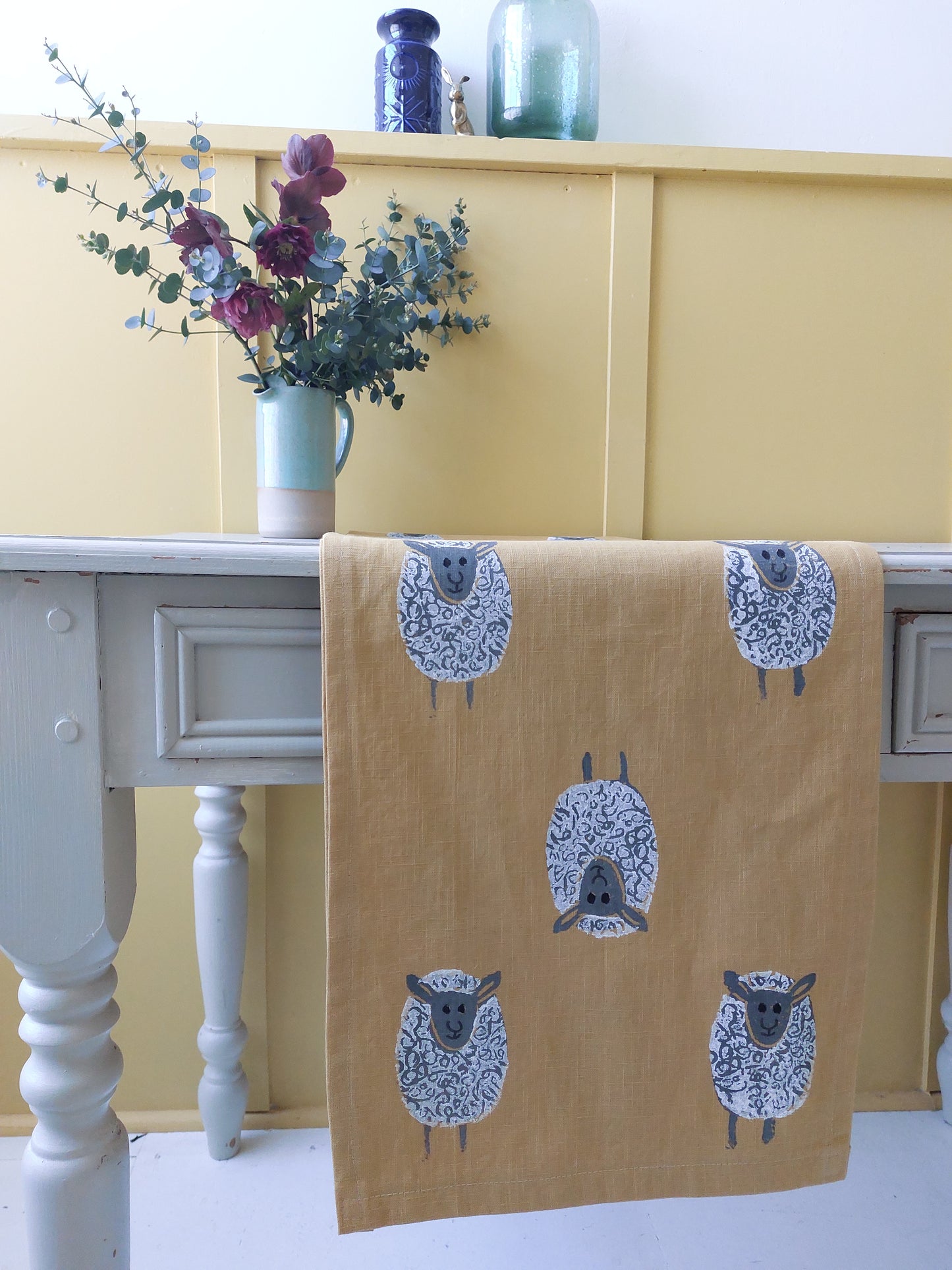table runner fluffy sheep on mustard linen