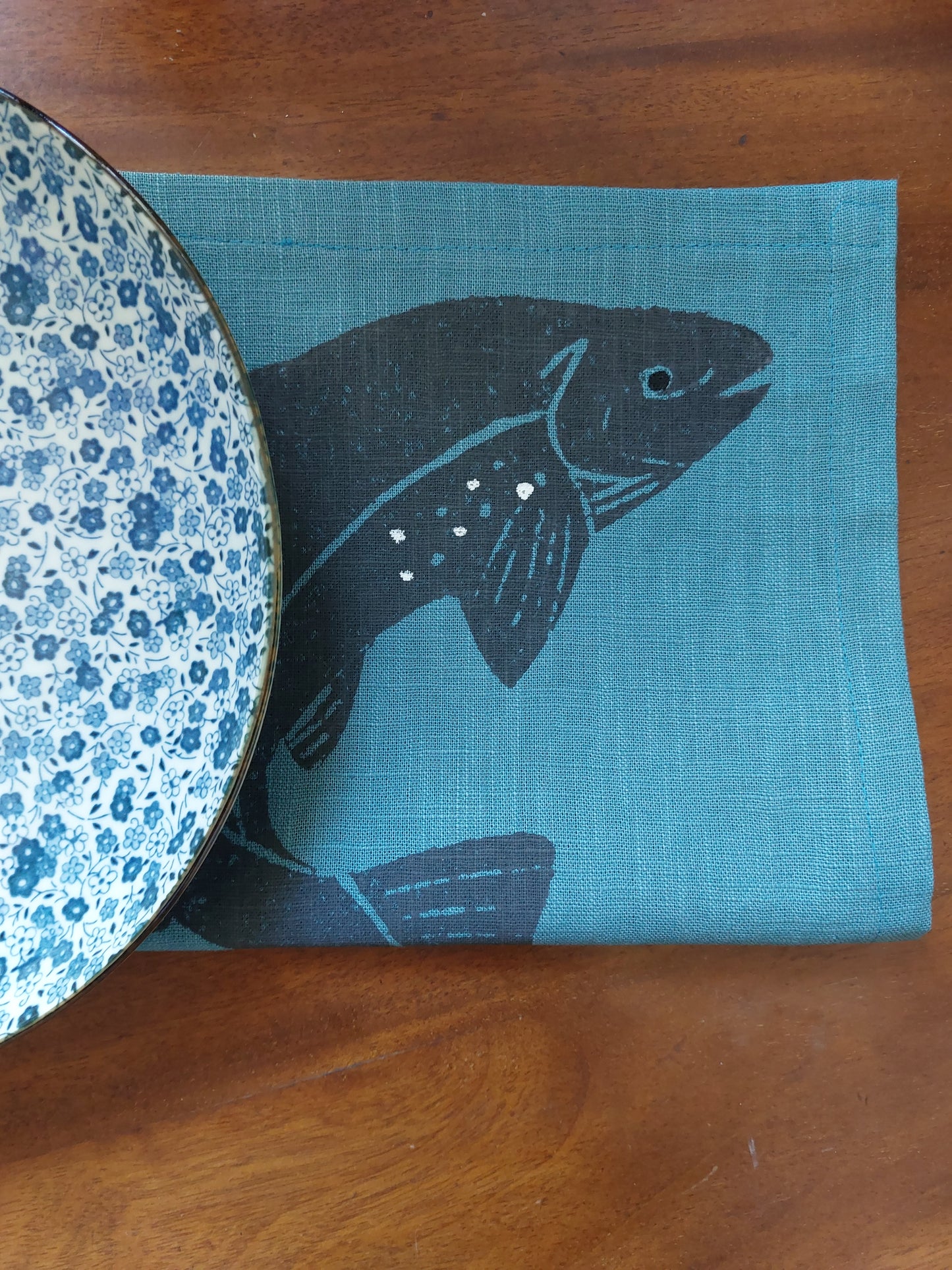 salmon linen napkin blue