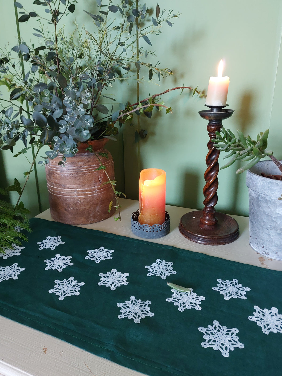 snowflake table runner dark forest green