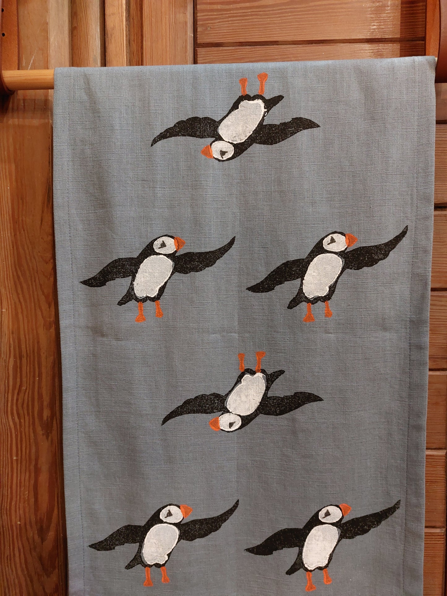 table runner puffin on mid blue