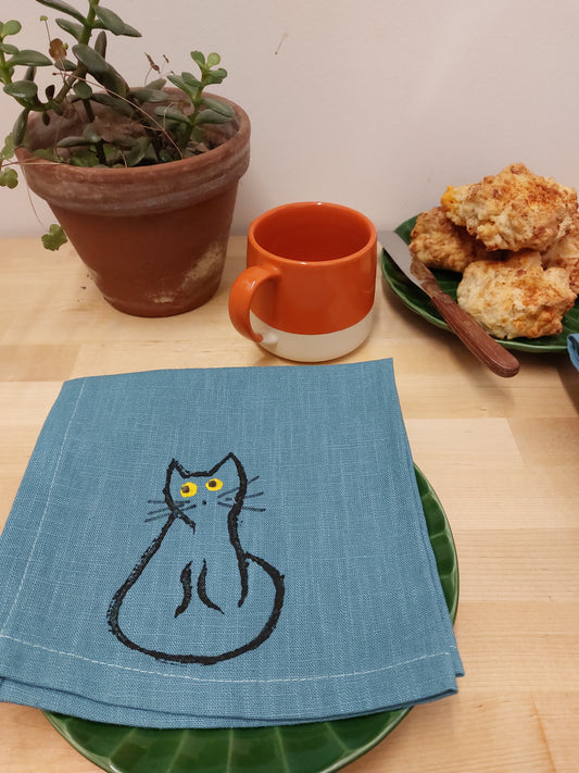 black cat linen napkin blue