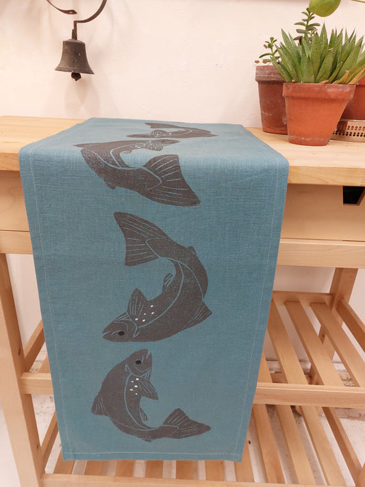 salmon blue table runner
