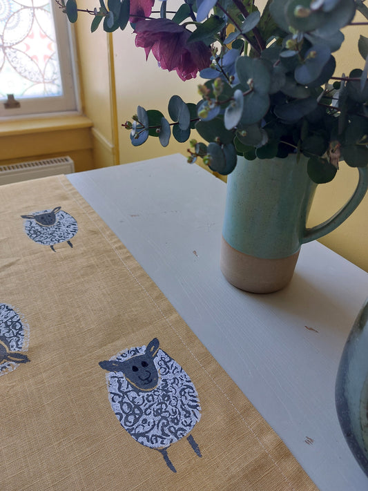 table runner fluffy sheep on mustard linen