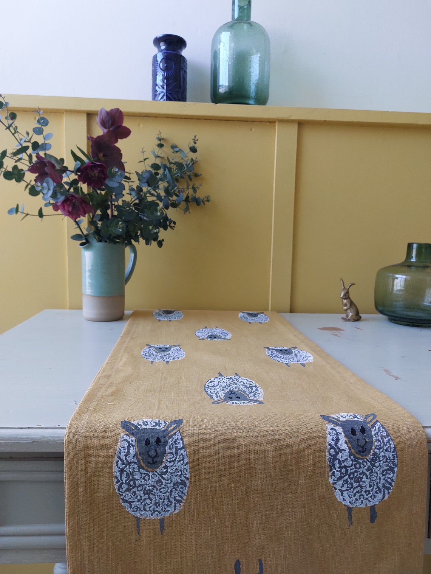 table runner fluffy sheep on mustard linen