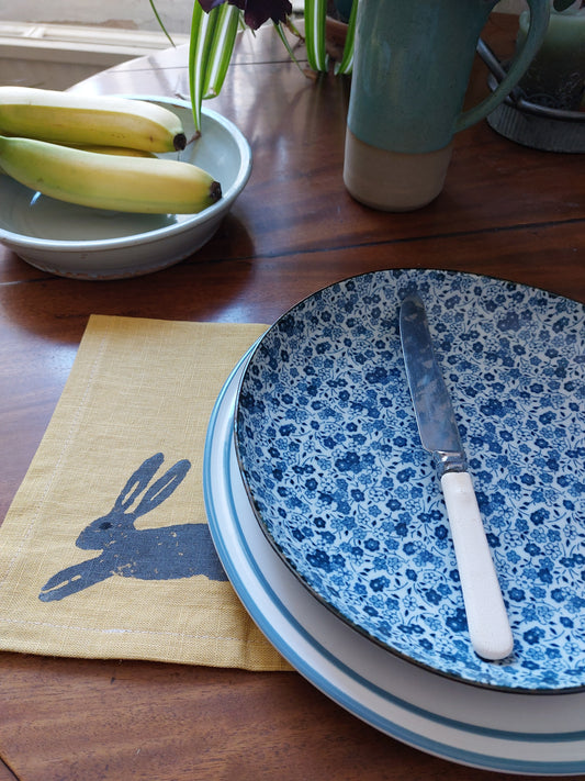 leaping hare linen napkin mustard