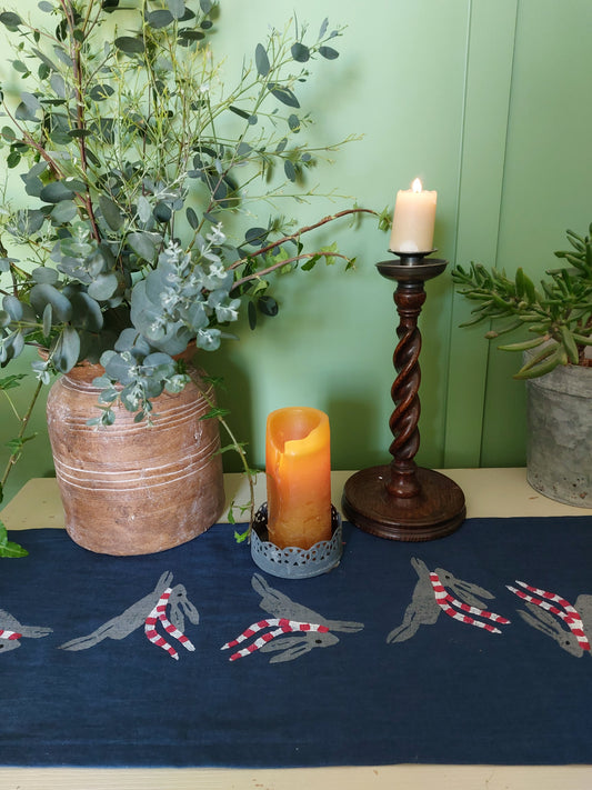 winter hare table runner navy