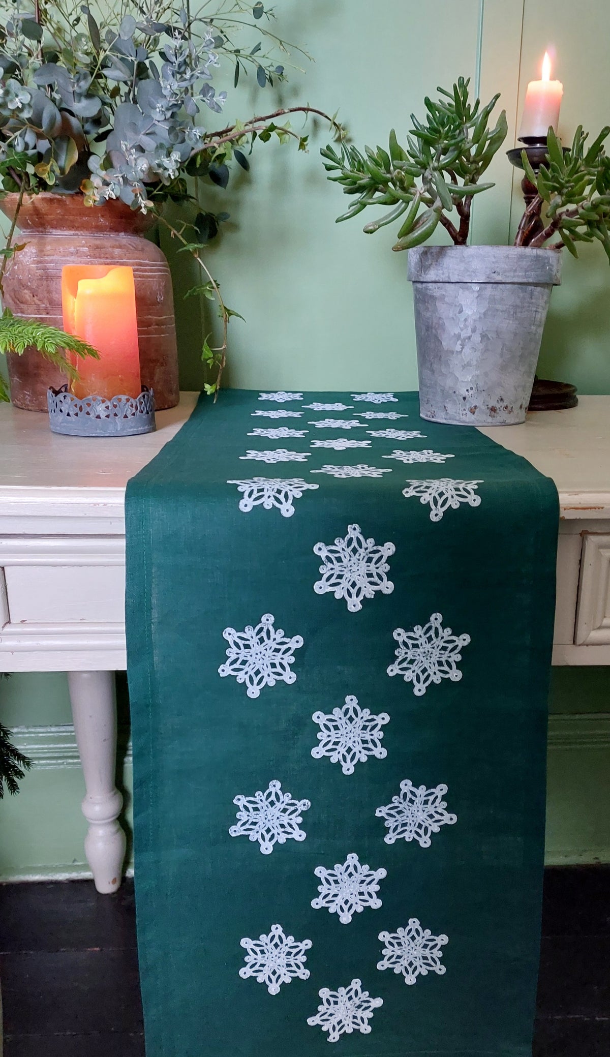 snowflake table runner dark forest green