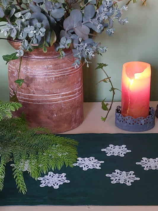 snowflake table runner dark forest green