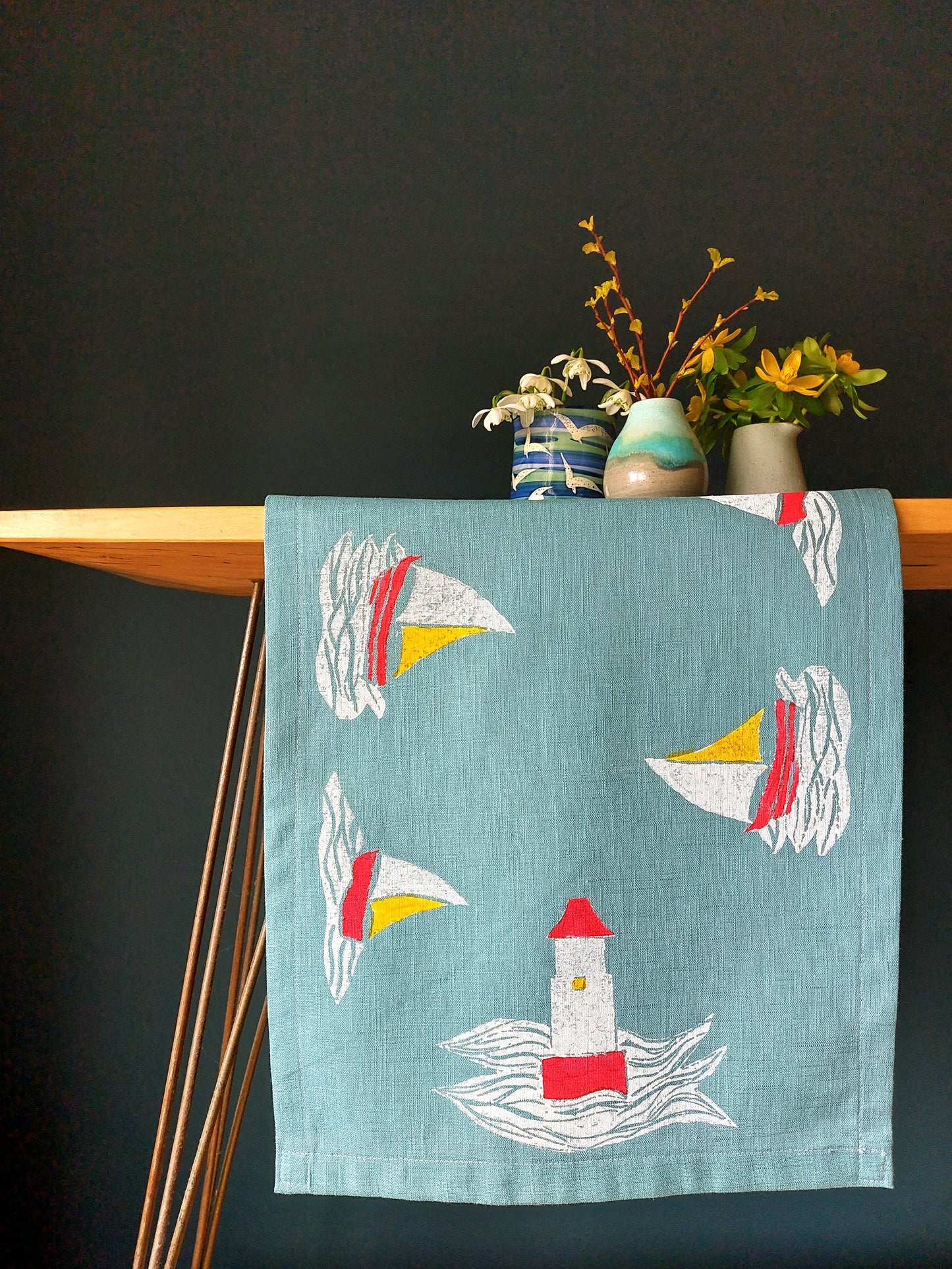lighthouses and boats table runner on linen
