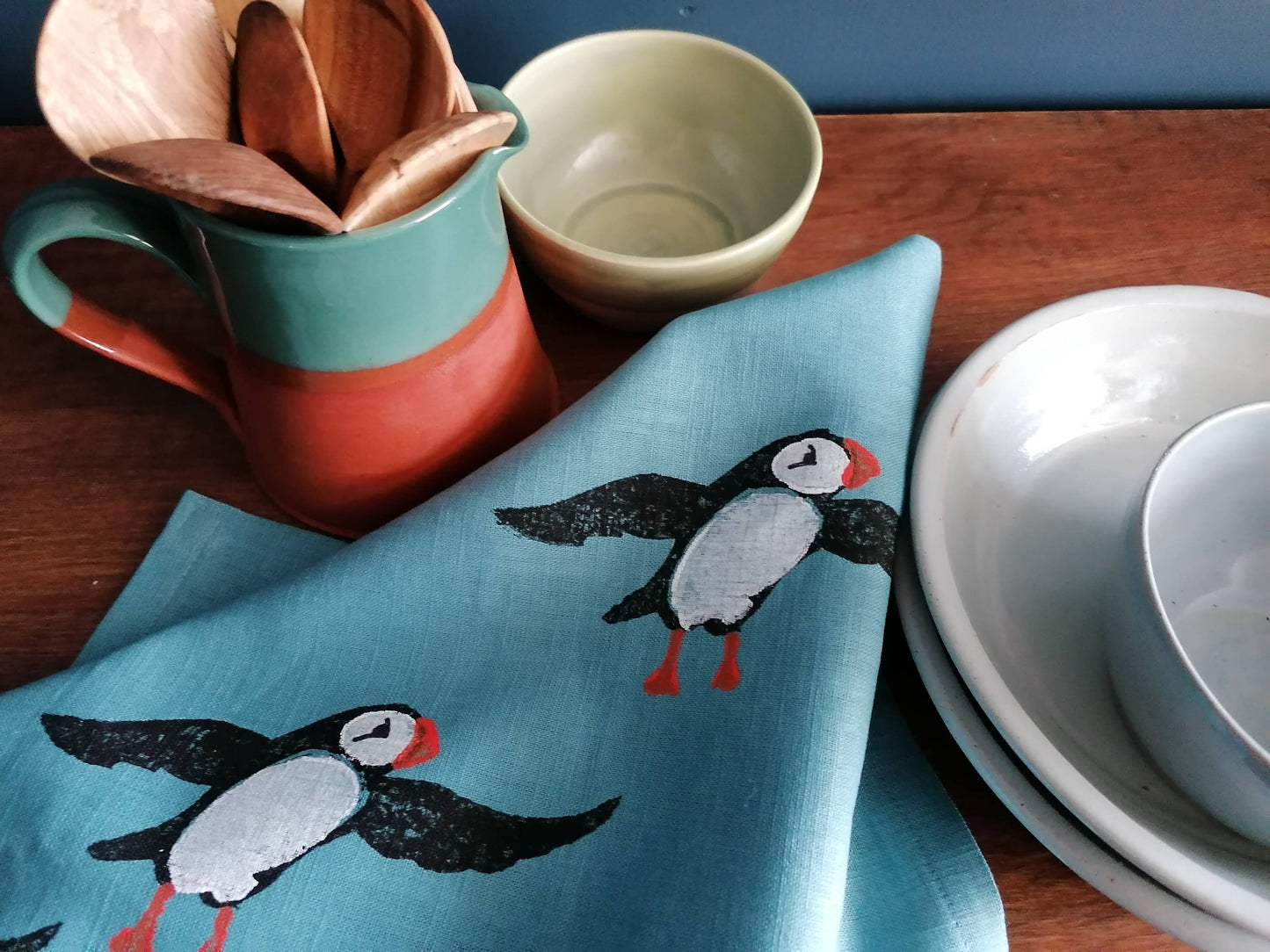 puffin linen tea towel light teal