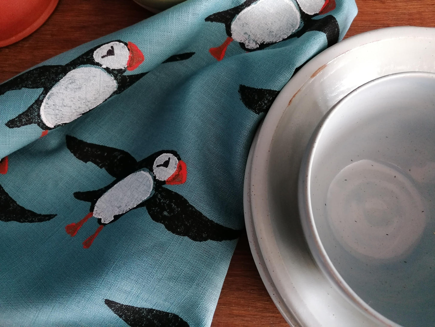 puffin linen tea towel light teal