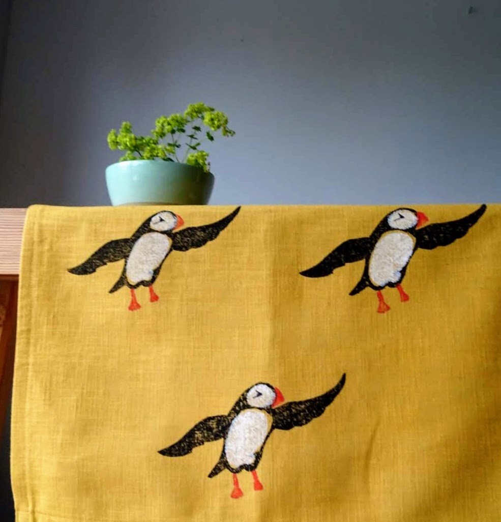 puffin linen tea towel