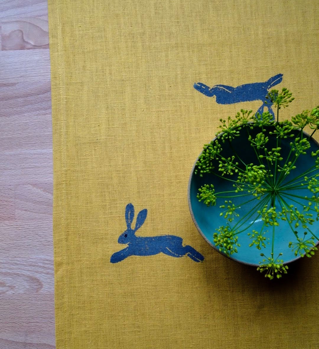 table runner hares on mustard linen