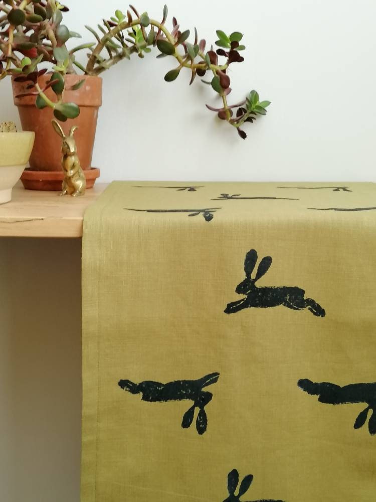 table runner hares on linen