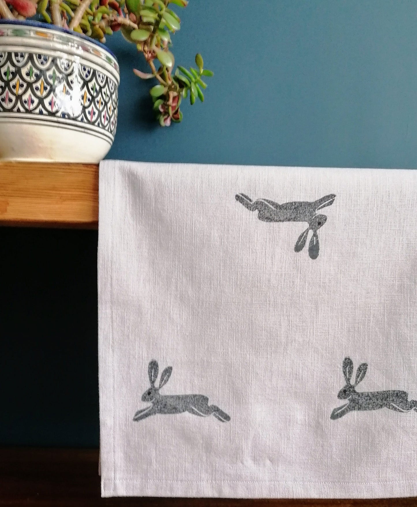 table runner hares on grey linen