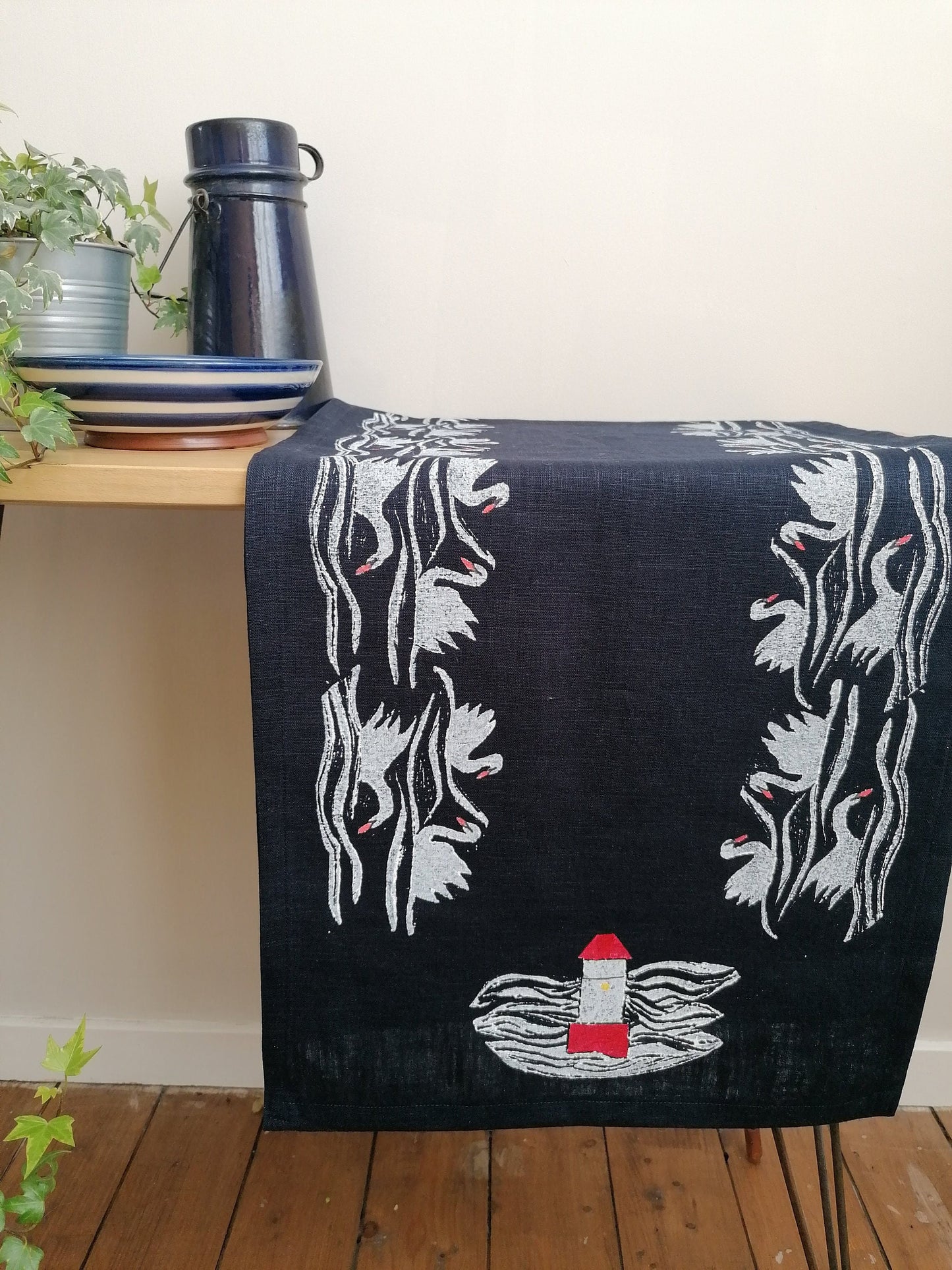 table runner lighthouse and swans on navy linen