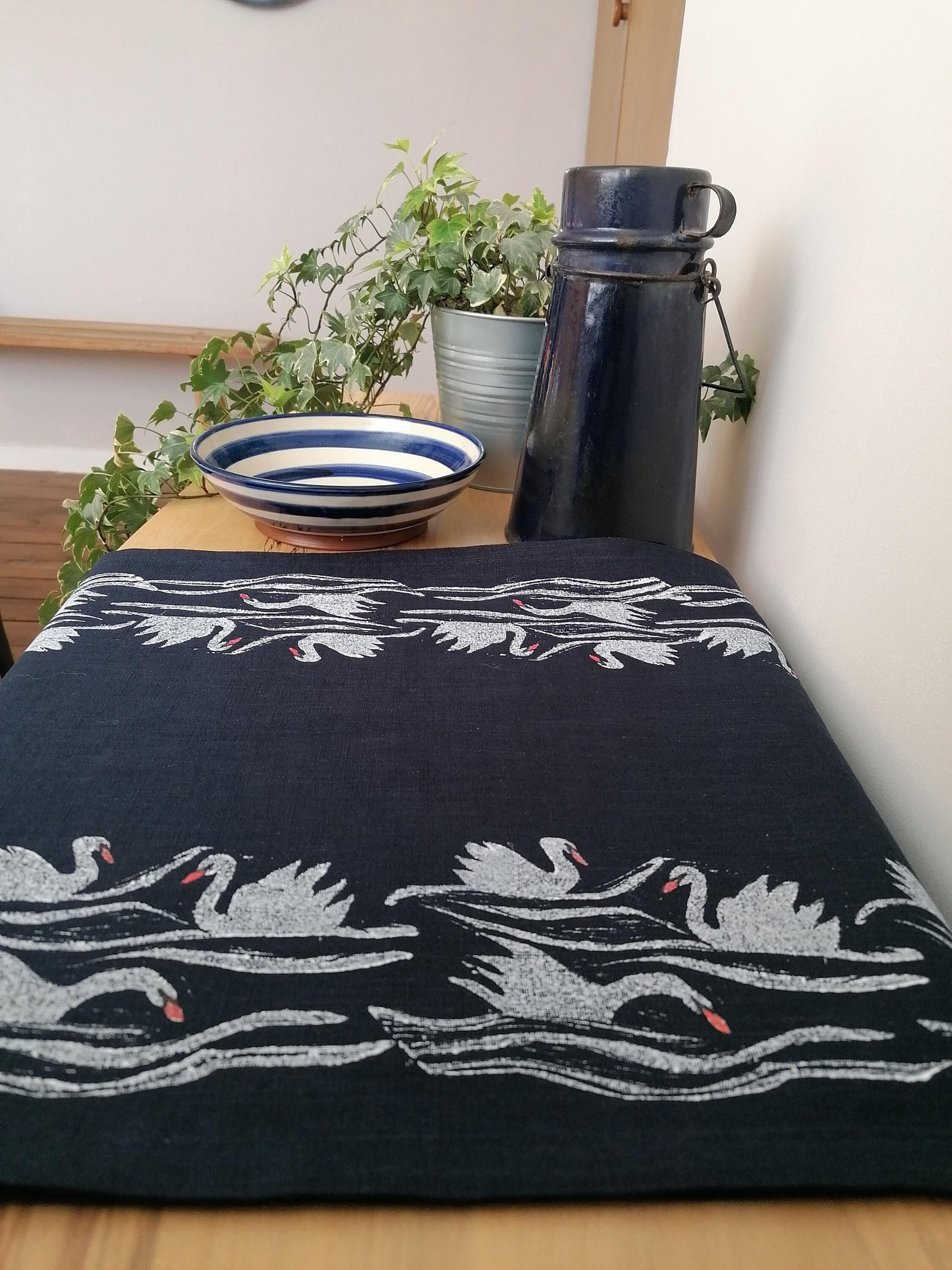 table runner lighthouse and swans on navy linen
